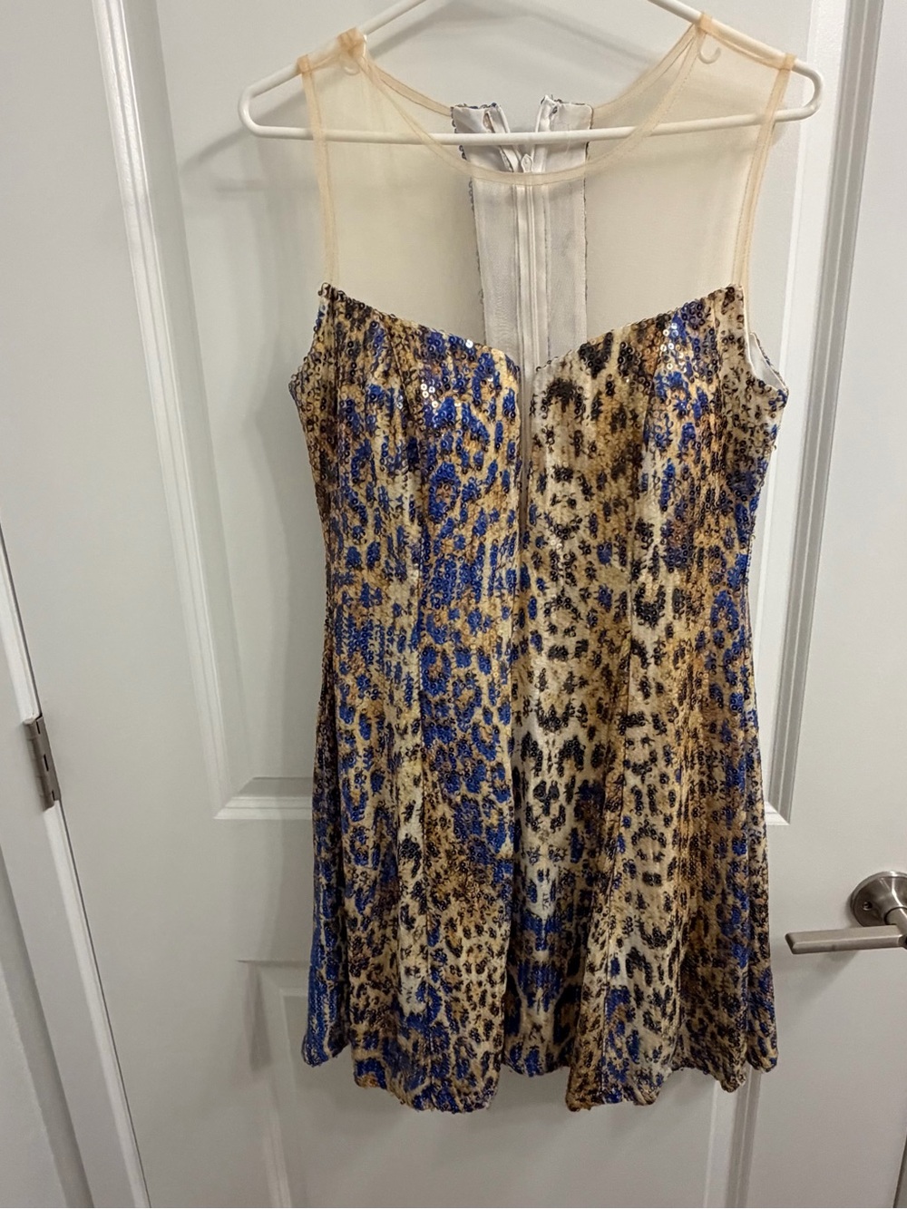 Sleeveless Mesh Yoke Animal Print Party Dress - Blue & Tan